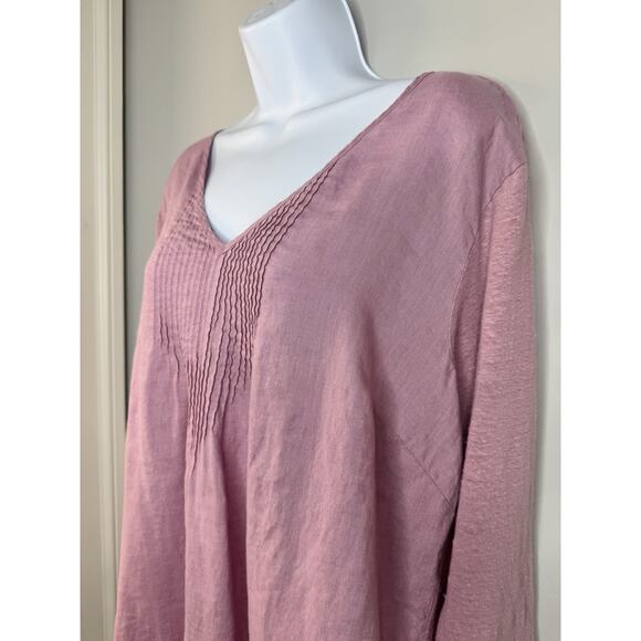 J Jill Love Linen Pintucked Tunic Blouse Top XL Pink 3/4 Sleeve Slits Cottage - Picture 2 of 14